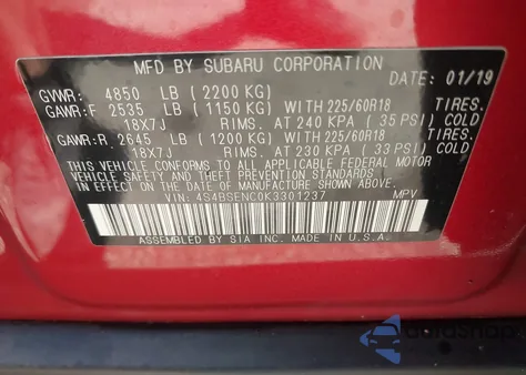 2019 Subaru Outback 3.6R Limited from USA, damaged, VIN 4S4BSENC0K3301237